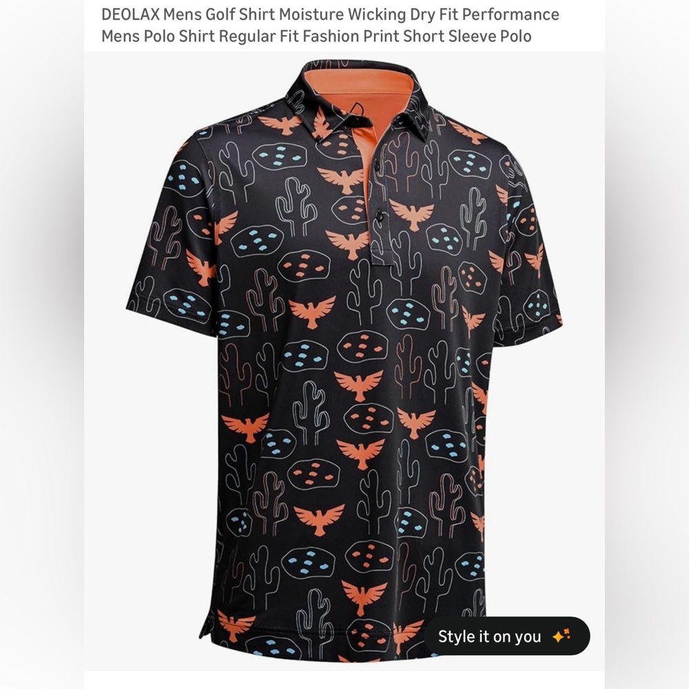 DEOLAX Men's Black Polo with Orange & Blue Desert Motif